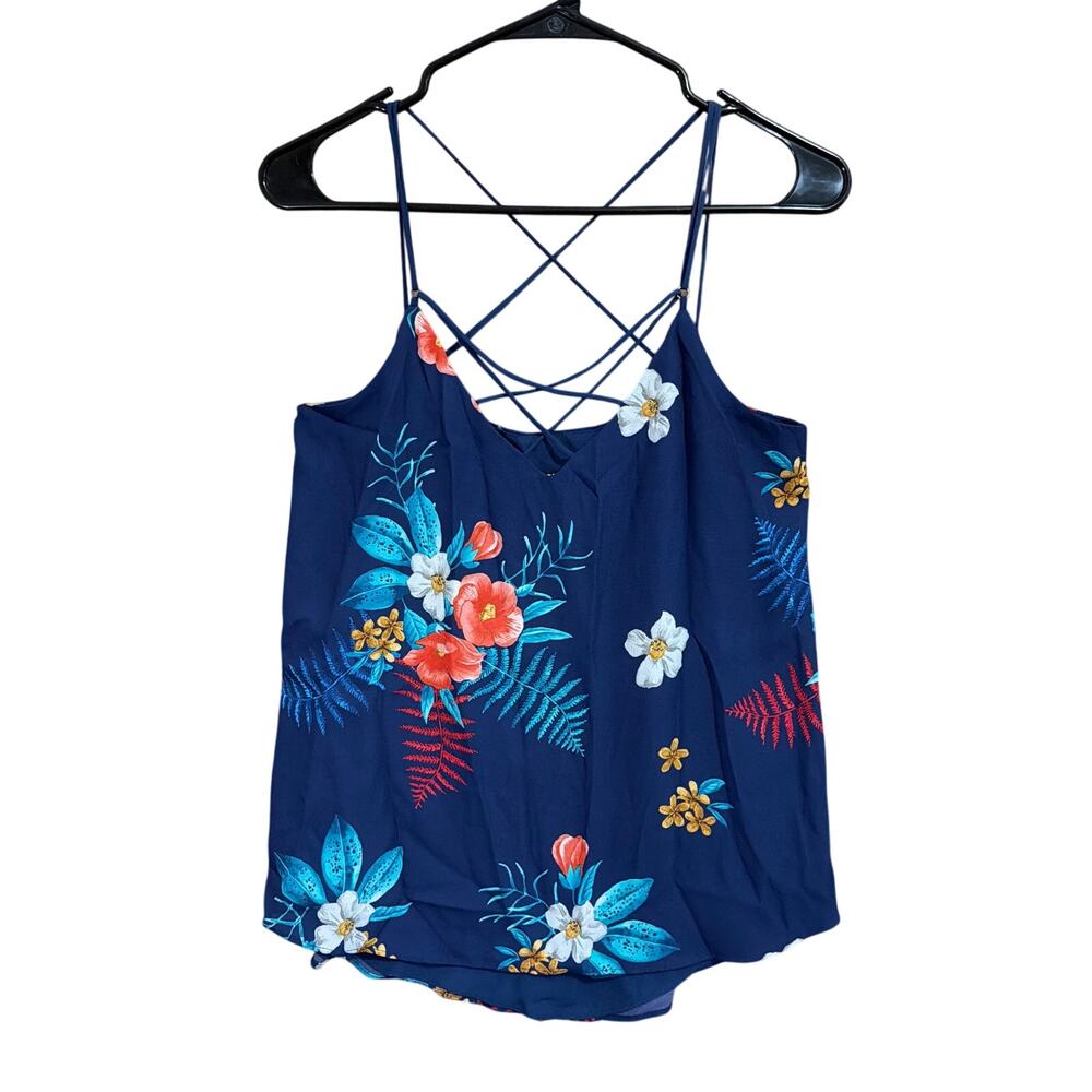Express Womens Blouse Blue Multi Floral V Neck Tank Racerback Flowy Lined XS